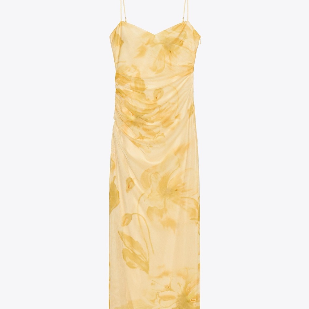 Zara yellow Printed Tulle Midi Dress - tags on